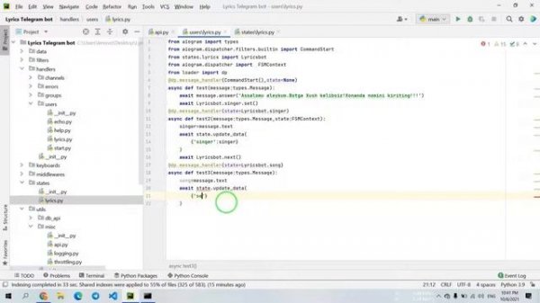 Aiogramda qo'shiq matnini topib beruvchi bot | Lyrics finder telegram bot in aiogram