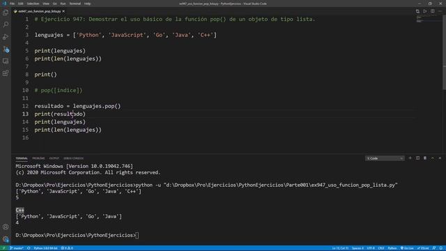 Python - Ejercicio 947: Demostrar el Uso Básico de la Función pop() de un Objeto de Tipo Lista смотреть онлайн