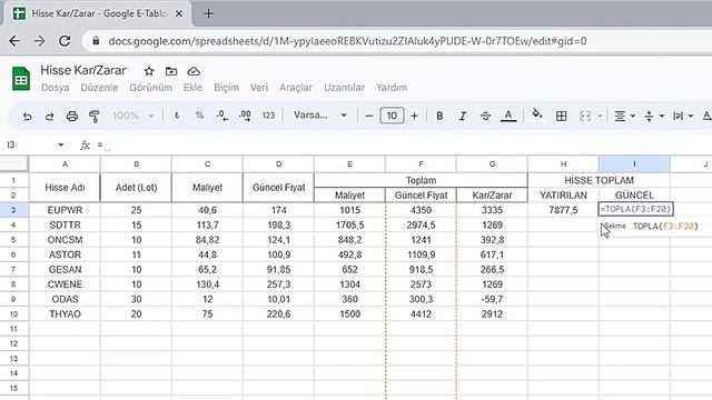 BORSADA AKILLI TAKIP : GOOGLE E-TABLOLAR ILE PORTFOY ANALIZI VE YUZDELIK KAR/ZARAR HESAPLAMA #borsa смотреть онлайн