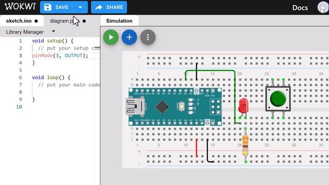 Push Button for LED using WokWi смотреть онлайн