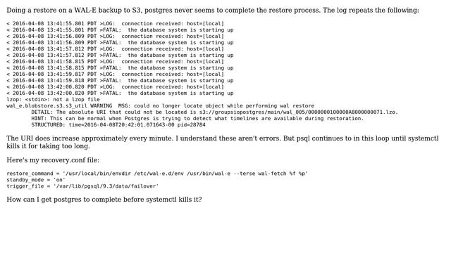 Databases: Postgres restore from WAL-E backup never finishes смотреть онлайн