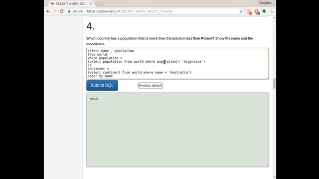 sqlzoo select in select Q4 смотреть онлайн