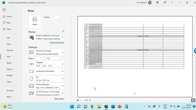 Planificare An Scolar 2022 - 2023, Tabel Excel Blanco