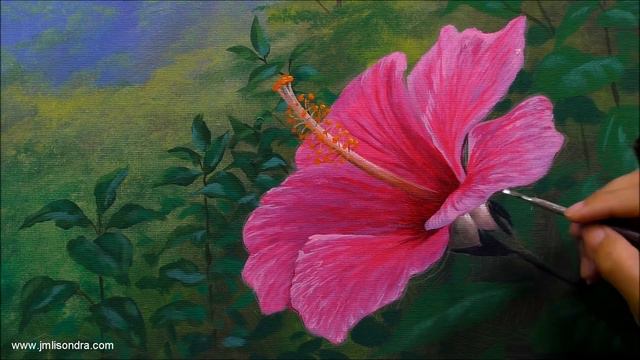 Acrylic Landscape Painting In Time-lapse / Hibiscus And Butterfly / JMLisondra