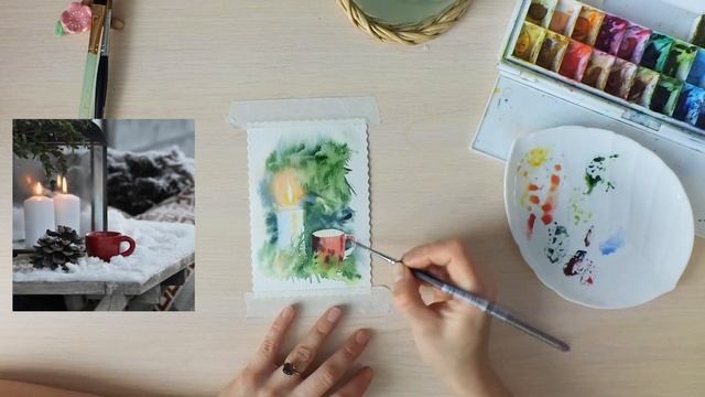 Новогодняя открытка акварелью. Watercolor Christmas postcard. Watercolor process. смотреть онлайн