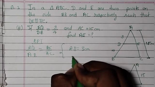 In a ∆ ABC, D and E are point on the side AB and AC || if ad/ bd=3/4 and ac=15cm, find ae. смотреть онлайн