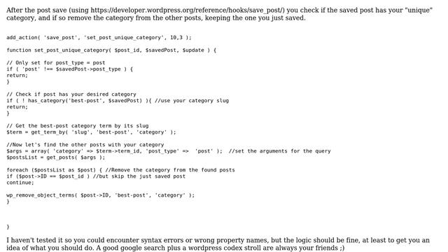 Wordpress: Allow Only One Post In Specific Category