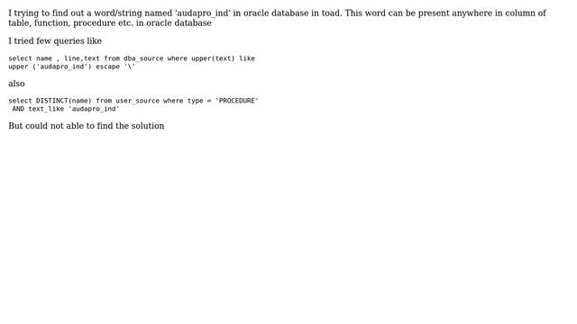 Databases: query to search a particular word/string in toad/oracle смотреть онлайн