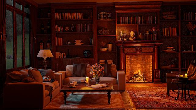 Cozy Reading Library Ambience | Rain Sounds & Crackling Fireplace For Relax, Sleep смотреть онлайн