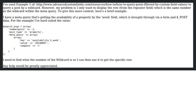 Get specific repeater row (via advanced custom fields) based on Meta Query with Wildcards смотреть онлайн