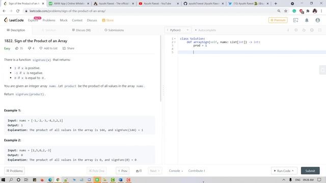 1822. Sign of the Product of an Array | Leetcode Weekly Contest 236 смотреть онлайн