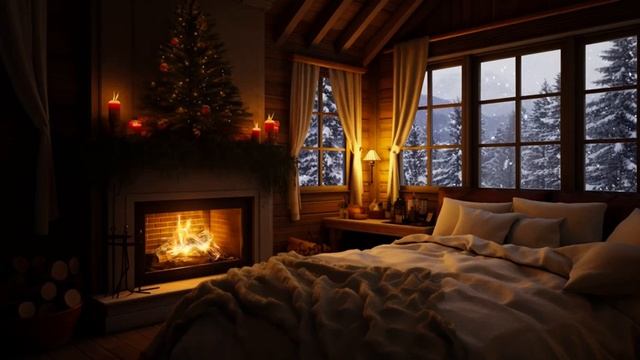 Blizzard Ambience In Cozy Bedroom With Fireplace Burnings And Snowfall Outside The Window