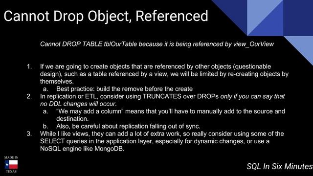 TSQL: "Cannot DROP TABLE Table because it is being referenced by view View" смотреть онлайн