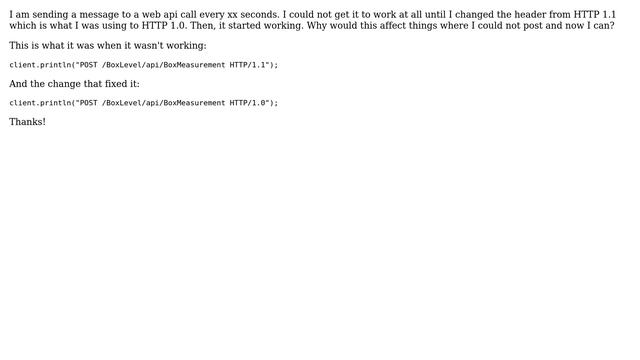 Arduino: Sending JSON message to web api via post. Why does HTTP 1.0 versus 1.1 make a difference? смотреть онлайн