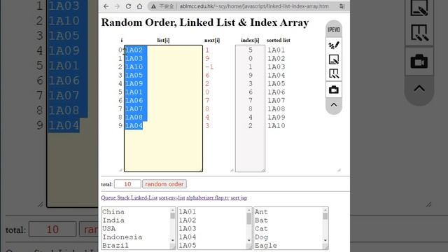 C program: index array, linked list, random order смотреть онлайн