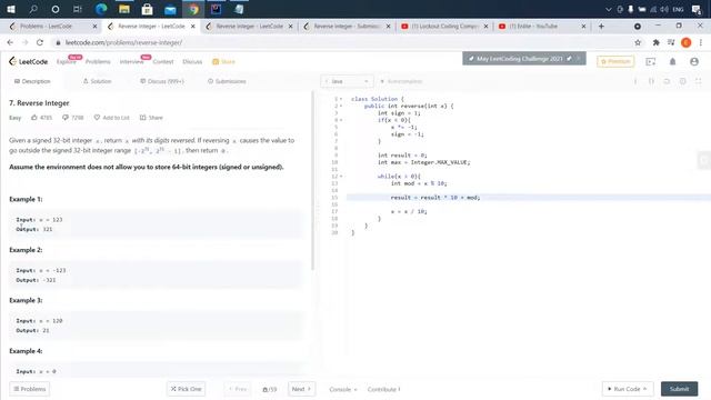 7. Reverse Integer. Leetcode.com. Решение на Java смотреть онлайн