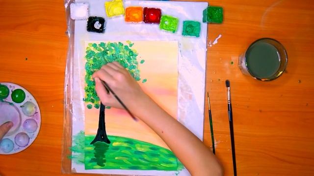 ОСЕННЕЕ ДЕРЕВО С ЯБЛОКАМИ. ГУАШЬ. смотреть онлайн