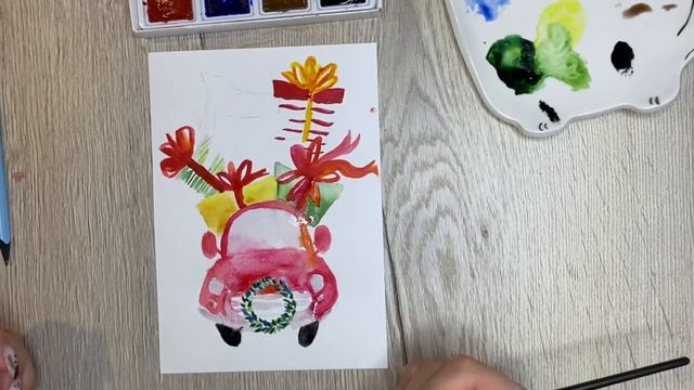 Как нарисовать новогодний автомобиль с подарками. Скетчинг для начинающих. День 8. смотреть онлайн