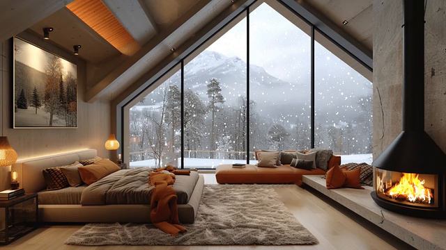 Winter Relaxing Jazz Music With Cozy Cabin Bedroom Space and Fireplace |gentle Jazz Background Musi смотреть онлайн