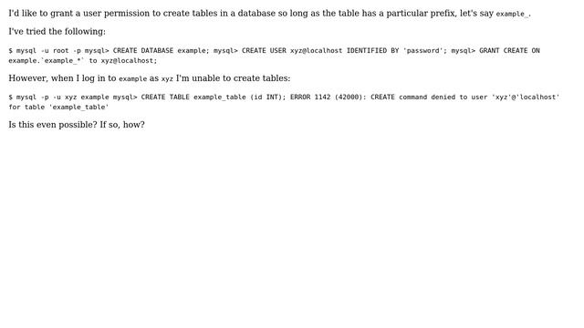MySQL - Grant user permission to create table as long is it has a prefix in the name смотреть онлайн