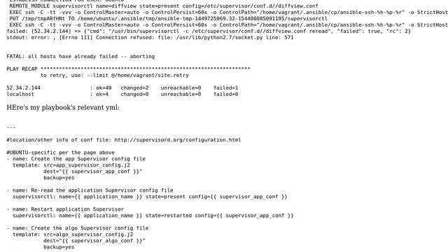 Supervisorctl error on Ansible: [Errno 111] Connection refused: file: /usr/lib/python2.7/socket.py смотреть онлайн