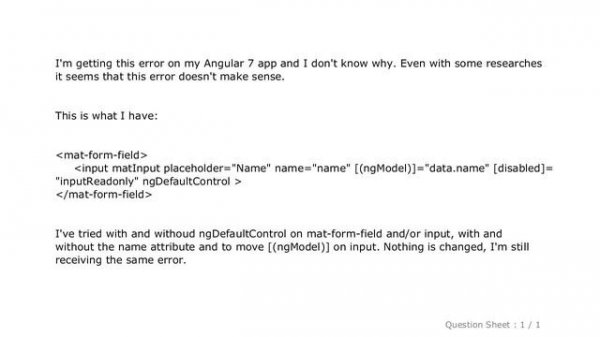 HTML : Angular 7 - No value accessor for form control with unspecified name attribute