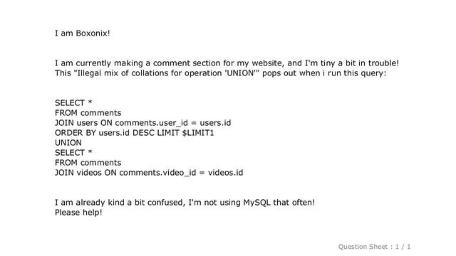 MySQL : MySQL error: Illegal mix of collations for operation 'UNION' смотреть онлайн