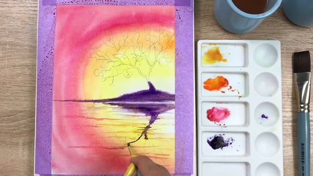 Дерево на закате. Урок акварели. смотреть онлайн