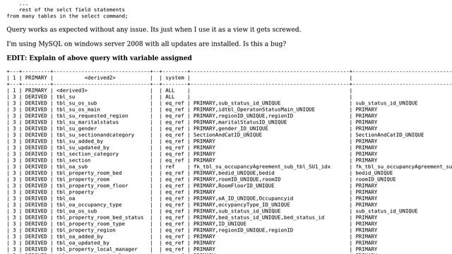 MySQL using variable in SELECT command with view affecting performance смотреть онлайн
