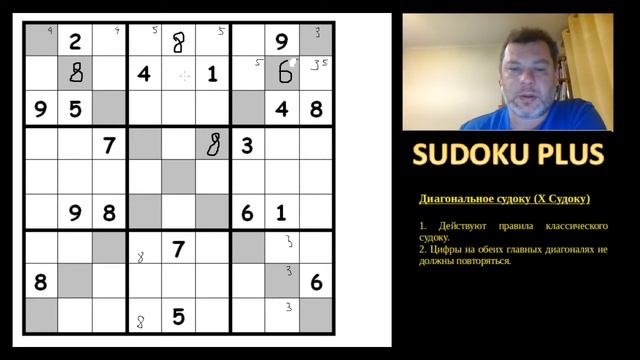 Судоку Диагональ (Х судоку, Diagonal sudoku). Великолепный вариант с богатой логикой смотреть онлайн