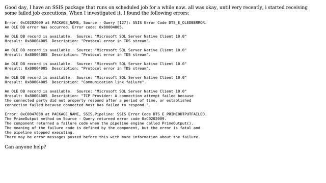Databases: SSIS OLE DB Error on package execution смотреть онлайн