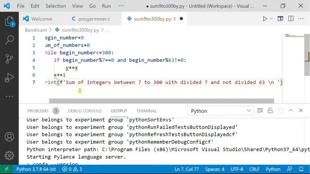 Sum of Integers between 7 to 300 with divided 7 and not divided 63 in python using for loop range a смотреть онлайн