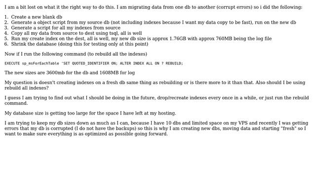 Creating indexes vs Rebuilding indexes (larger db/log file) смотреть онлайн