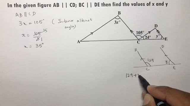 In the given figure AB || CD; BC || DE then find the values of x and y. LINES AND ANGLES CLASS -IX смотреть онлайн
