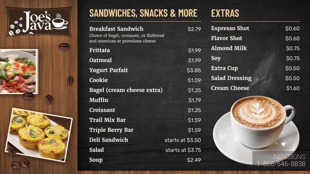 Joe's Java Cafe Menu Board Screen 1 - Digital Menu Board Design - QSR - NexSigns смотреть онлайн