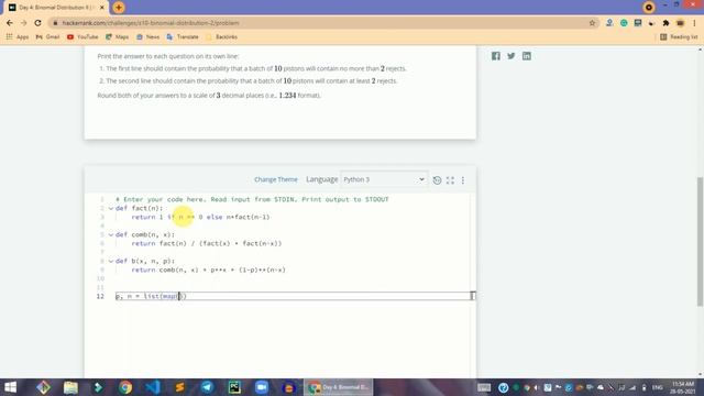 HackerRank Day 4: Binomial Distribution II solution in Python Programming | 10 Days Of Statistics смотреть онлайн