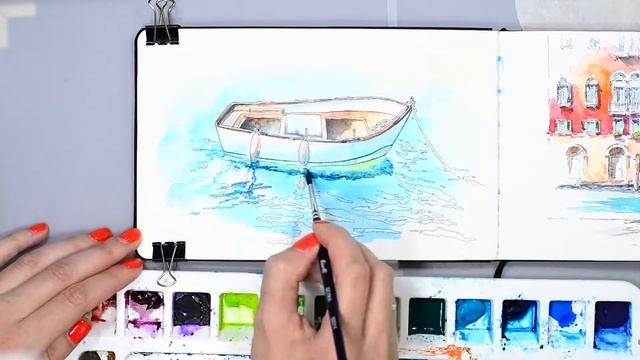 Лодка и отражение акварелью. A boat and reflection in watercolor. смотреть онлайн