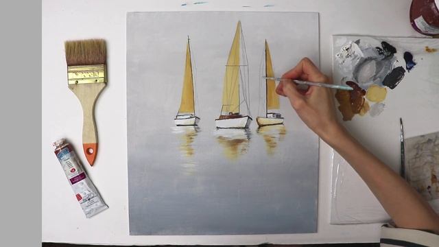 Minimalistic SEA BOATS Painting  Acrylic Technique On Canvas