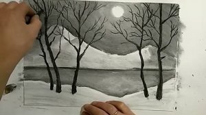 Урок рисования углём. Зимний пейзаж.