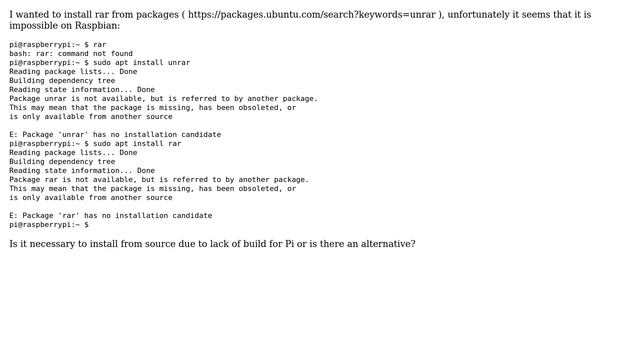 Raspberry Pi: Installing equivalent of unrar package (rar) смотреть онлайн