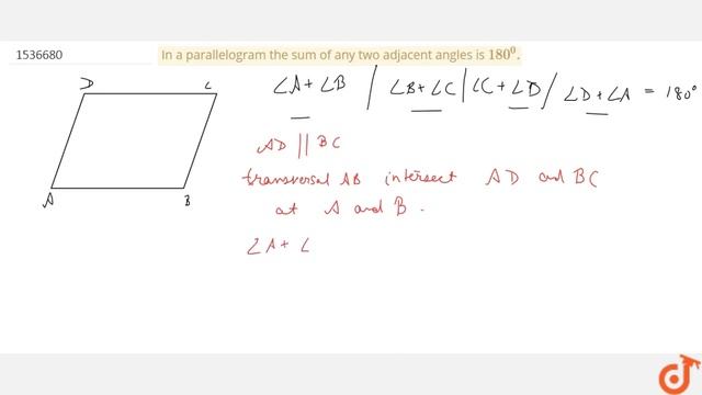 "In a parallelogram the sum of any two adjacent angles is `180^0dot`" смотреть онлайн