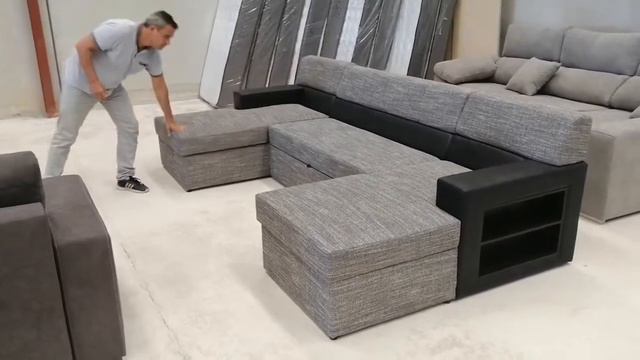 Sofá en forma de U con cama, 2 arcones, estantería lateral lado derecho Gris con negro - Preston смотреть онлайн