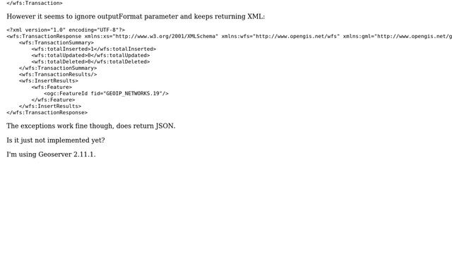 GIS: Geoserver does not return JSON when creating a feature смотреть онлайн