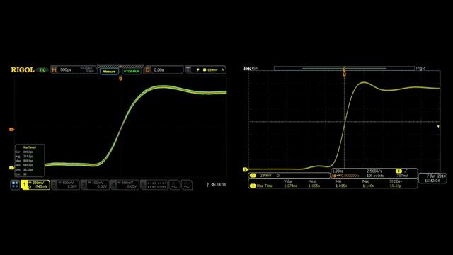 Сравнение времени нарастания осциллографа Rigol DS7054 и Tektronix MDO3054 смотреть онлайн
