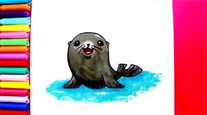 Рисуем милого морского котика красками. Рисунки для детей