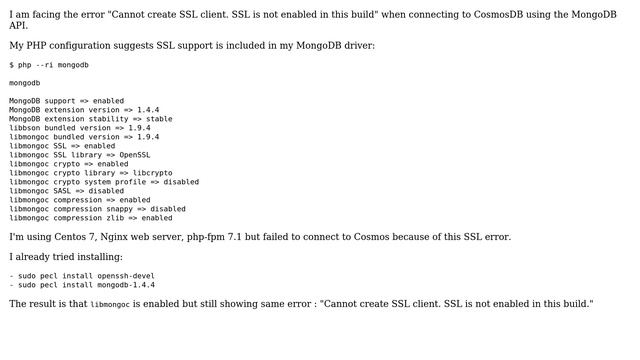 Showing "Cannot create SSL client. SSL is not enabled in this build" when connecting to Cosmos... смотреть онлайн