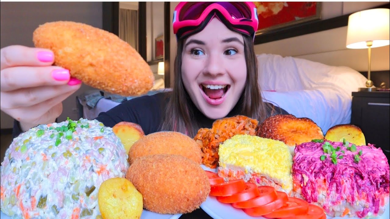 МУКБАНГ ? 1 кг оливье заедаем котлетами неудачно приехали покататься новогодние салаты Mukbang Asm