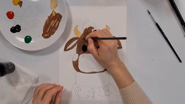 Рисуем с детьми быка! Как просто нарисовать символ года 2021. Новогодняя открытка. смотреть онлайн