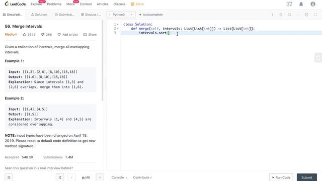 Leetcode 56. Merge Intervals Python Solution смотреть онлайн