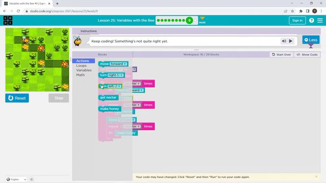 L25-9 |Code.org | Express-2021 | Lesson 25: Variables with the Bee | level 9 смотреть онлайн